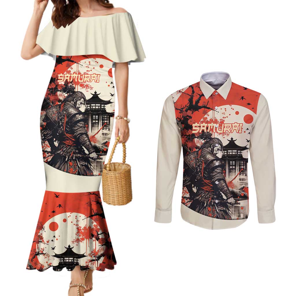 Samurai Warrior Japan Couples Matching Mermaid Dress and Long Sleeve Button Shirt Red-blossomed Tree Classic Japanese Stylized - Wonder Print Shop