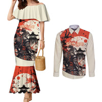 Samurai Warrior Japan Couples Matching Mermaid Dress and Long Sleeve Button Shirt Red-blossomed Tree Classic Japanese Stylized - Wonder Print Shop