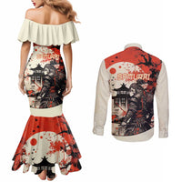 Samurai Warrior Japan Couples Matching Mermaid Dress and Long Sleeve Button Shirt Red-blossomed Tree Classic Japanese Stylized - Wonder Print Shop