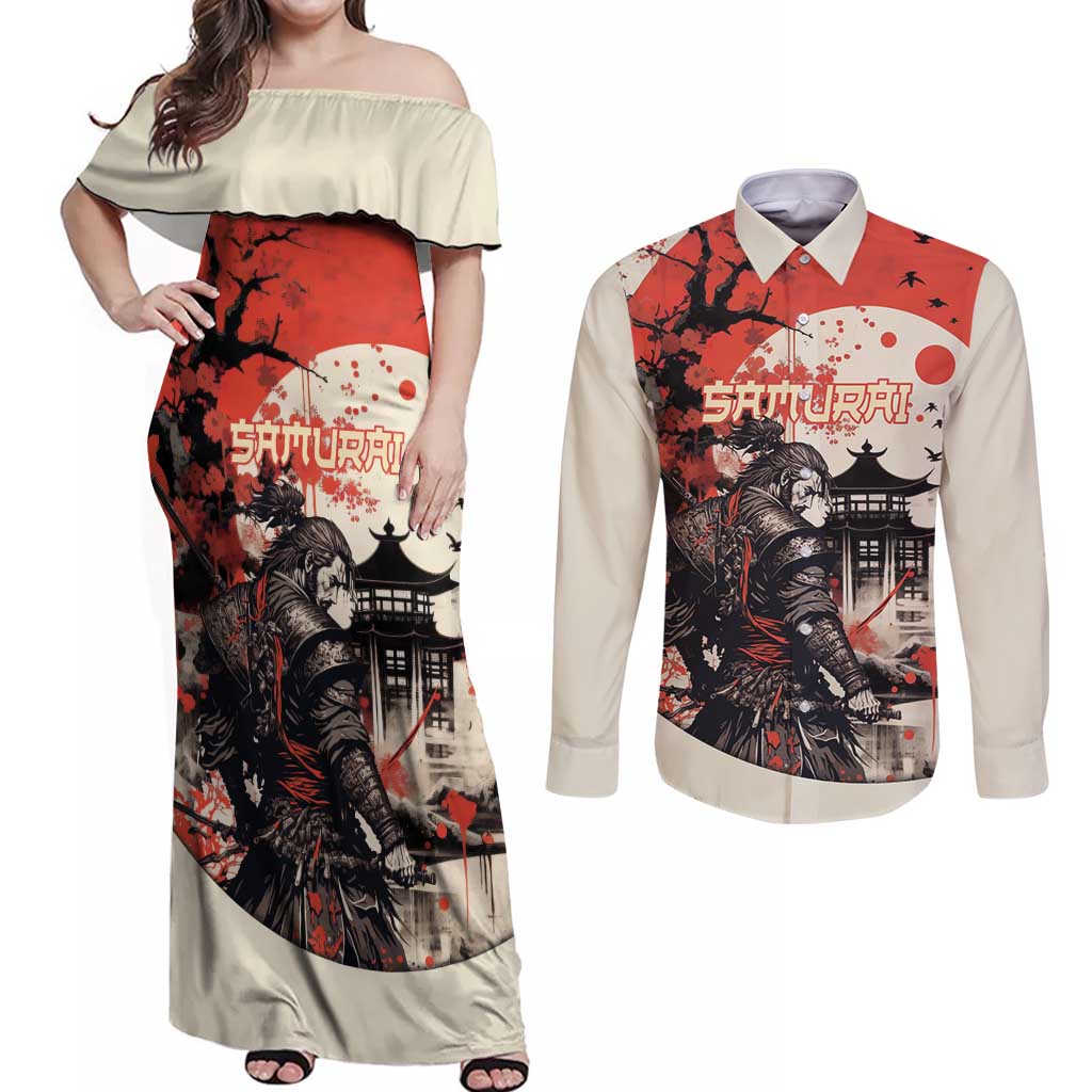 Samurai Warrior Japan Couples Matching Off Shoulder Maxi Dress and Long Sleeve Button Shirt Red-blossomed Tree Classic Japanese Stylized - Wonder Print Shop