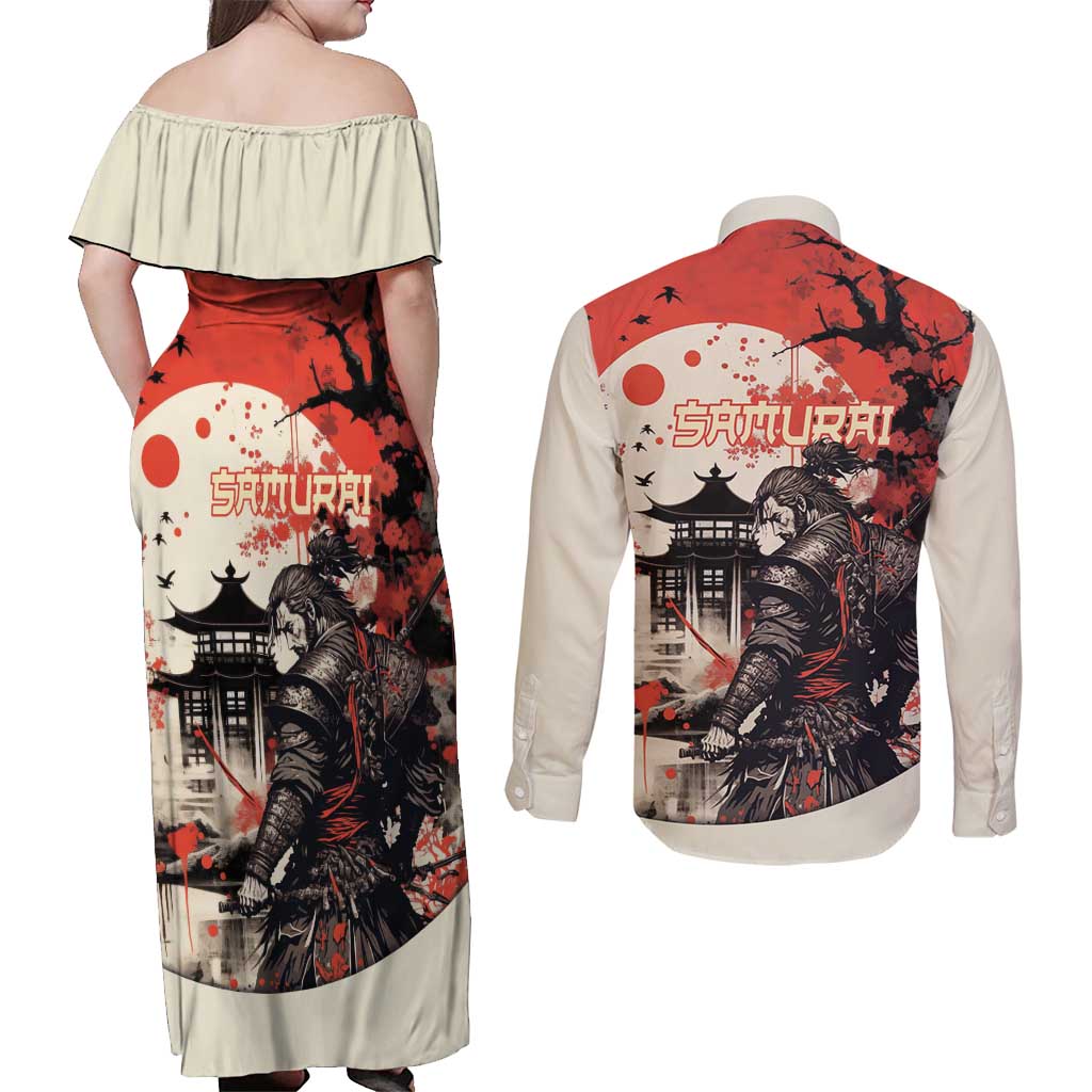 Samurai Warrior Japan Couples Matching Off Shoulder Maxi Dress and Long Sleeve Button Shirt Red-blossomed Tree Classic Japanese Stylized - Wonder Print Shop