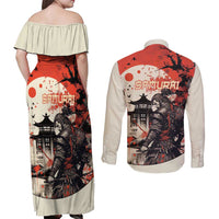 Samurai Warrior Japan Couples Matching Off Shoulder Maxi Dress and Long Sleeve Button Shirt Red-blossomed Tree Classic Japanese Stylized - Wonder Print Shop