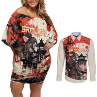 Samurai Warrior Japan Couples Matching Off Shoulder Short Dress and Long Sleeve Button Shirt Red-blossomed Tree Classic Japanese Stylized - Wonder Print Shop