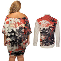Samurai Warrior Japan Couples Matching Off Shoulder Short Dress and Long Sleeve Button Shirt Red-blossomed Tree Classic Japanese Stylized - Wonder Print Shop