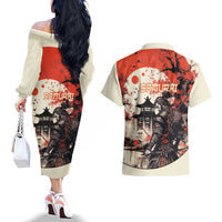 Samurai Warrior Japan Couples Matching Off The Shoulder Long Sleeve Dress and Hawaiian Shirt Red-blossomed Tree Classic Japanese Stylized - Wonder Print Shop