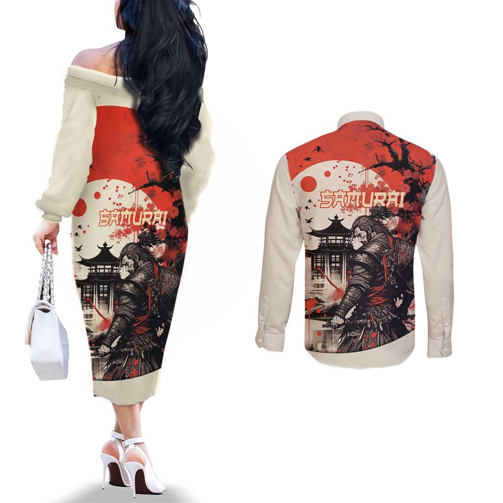 Samurai Warrior Japan Couples Matching Off The Shoulder Long Sleeve Dress and Long Sleeve Button Shirt Red-blossomed Tree Classic Japanese Stylized - Wonder Print Shop