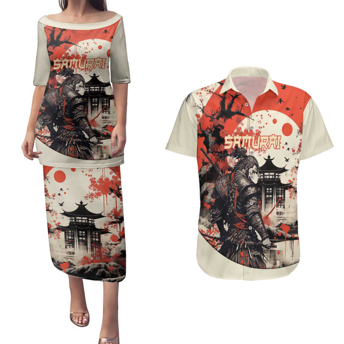 Samurai Warrior Japan Couples Matching Puletasi and Hawaiian Shirt Red-blossomed Tree Classic Japanese Stylized - Wonder Print Shop