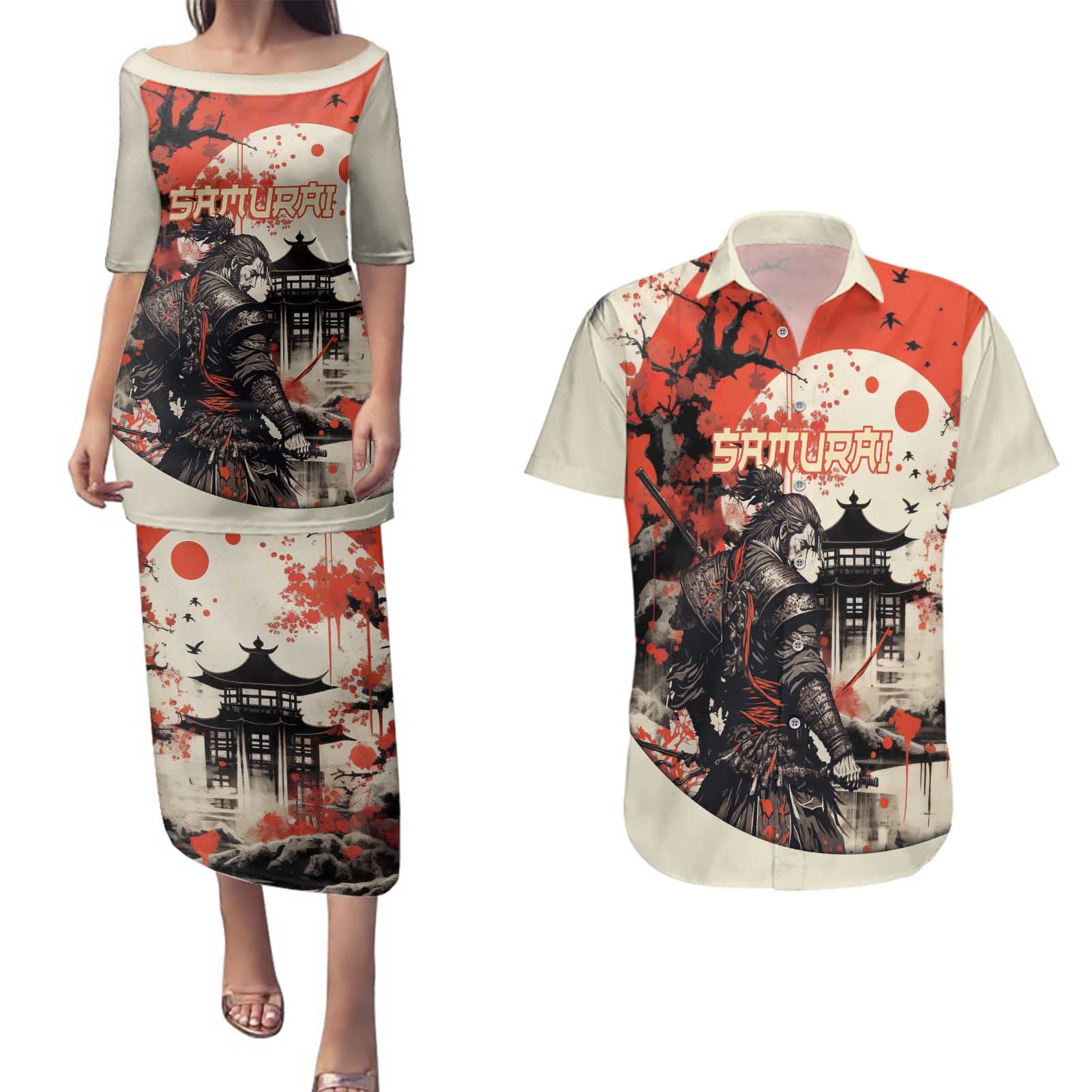 Samurai Warrior Japan Couples Matching Puletasi and Hawaiian Shirt Red-blossomed Tree Classic Japanese Stylized - Wonder Print Shop