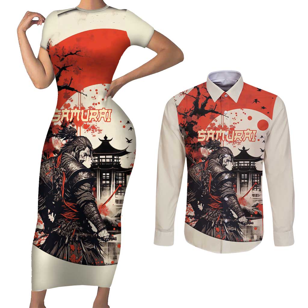 Samurai Warrior Japan Couples Matching Short Sleeve Bodycon Dress and Long Sleeve Button Shirt Red-blossomed Tree Classic Japanese Stylized - Wonder Print Shop