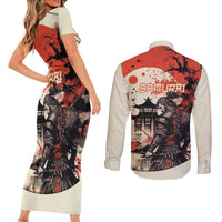 Samurai Warrior Japan Couples Matching Short Sleeve Bodycon Dress and Long Sleeve Button Shirt Red-blossomed Tree Classic Japanese Stylized - Wonder Print Shop