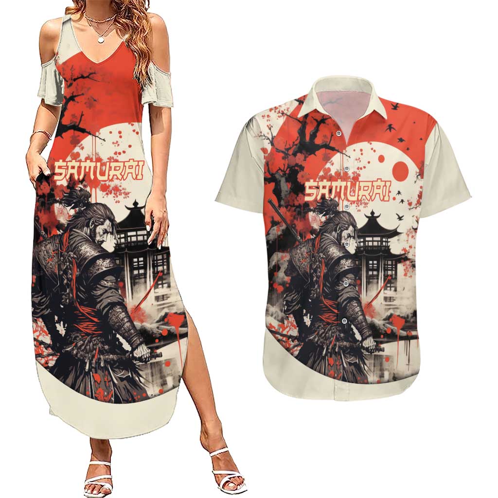 Samurai Warrior Japan Couples Matching Summer Maxi Dress and Hawaiian Shirt Red-blossomed Tree Classic Japanese Stylized - Wonder Print Shop