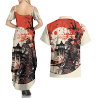 Samurai Warrior Japan Couples Matching Summer Maxi Dress and Hawaiian Shirt Red-blossomed Tree Classic Japanese Stylized - Wonder Print Shop