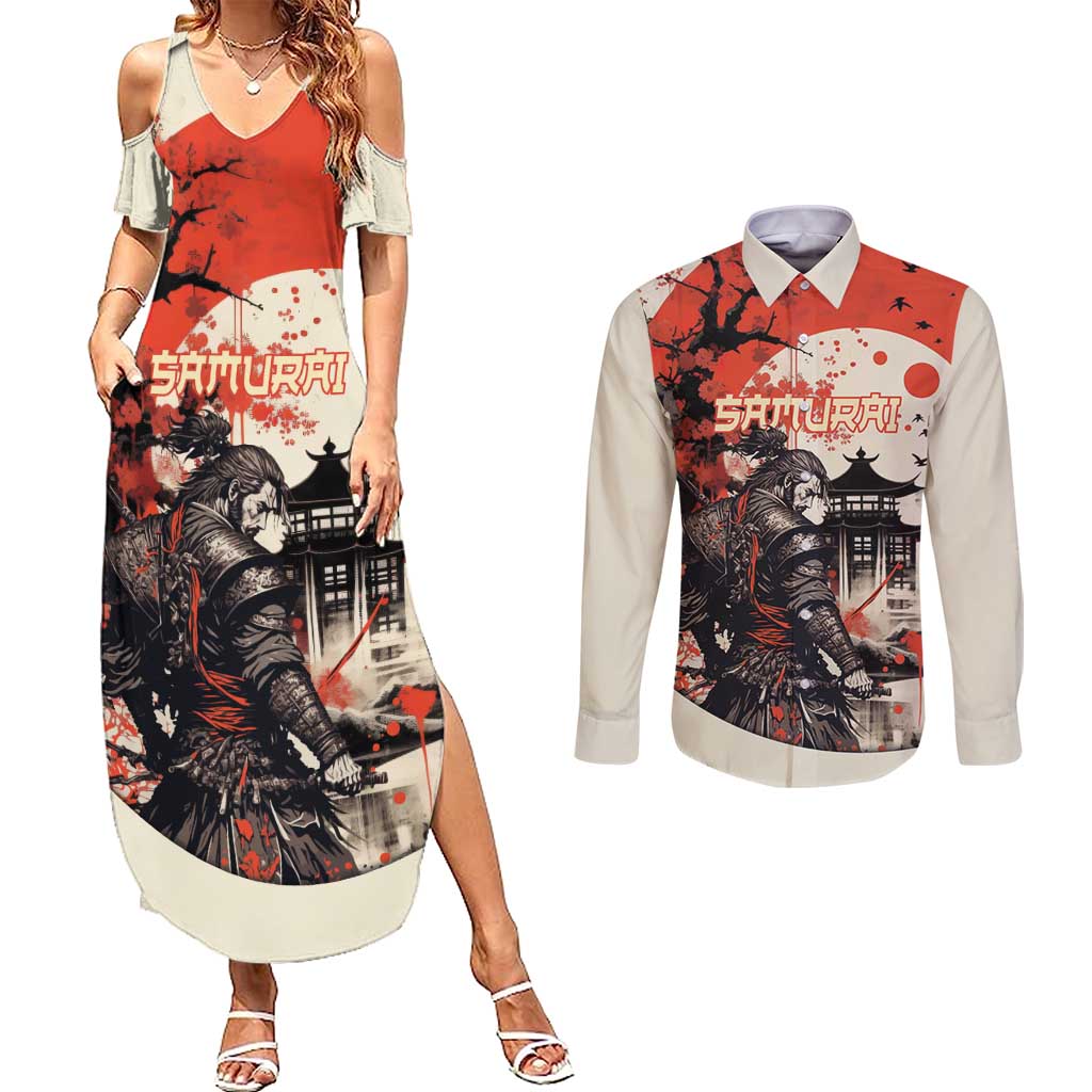 Samurai Warrior Japan Couples Matching Summer Maxi Dress and Long Sleeve Button Shirt Red-blossomed Tree Classic Japanese Stylized - Wonder Print Shop