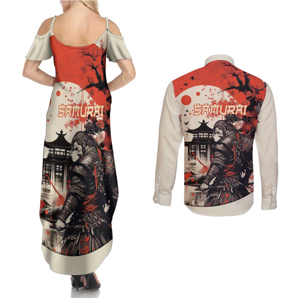 Samurai Warrior Japan Couples Matching Summer Maxi Dress and Long Sleeve Button Shirt Red-blossomed Tree Classic Japanese Stylized - Wonder Print Shop