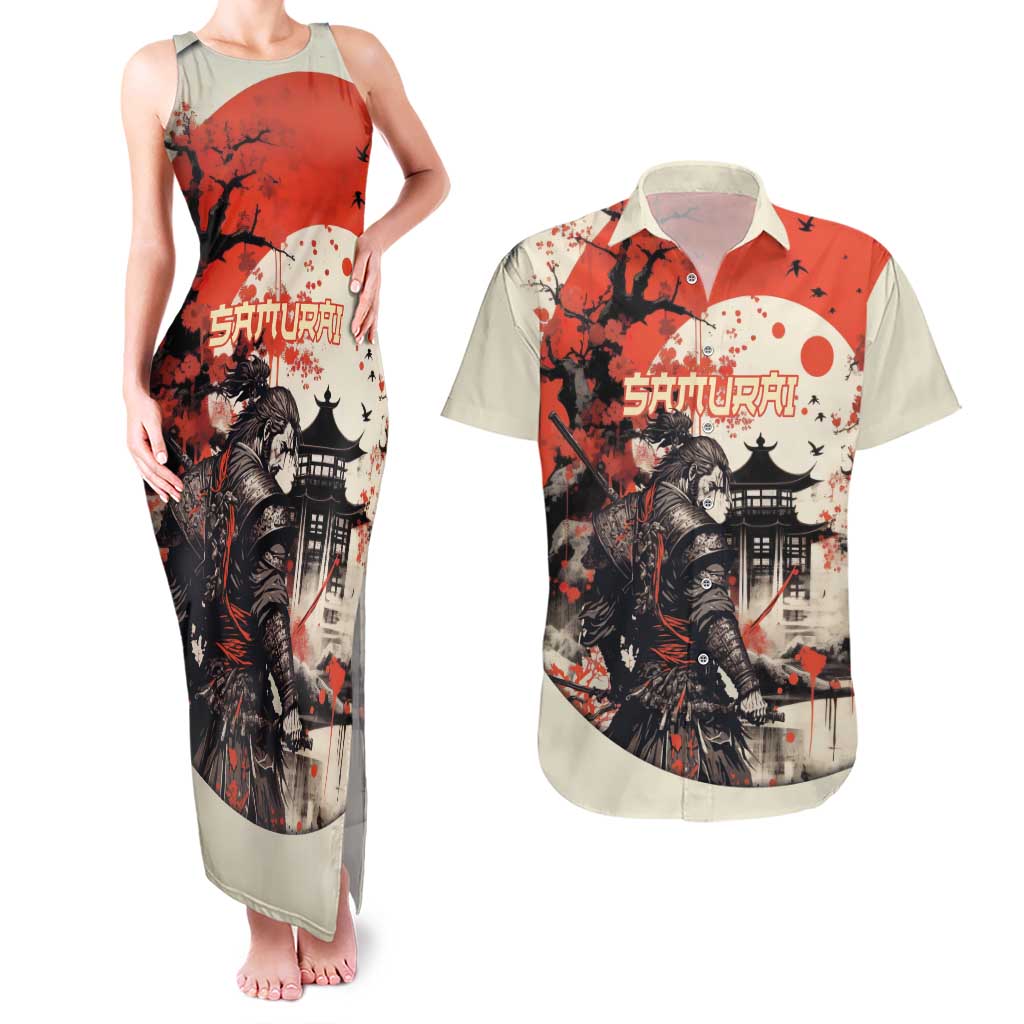 Samurai Warrior Japan Couples Matching Tank Maxi Dress and Hawaiian Shirt Red-blossomed Tree Classic Japanese Stylized - Wonder Print Shop