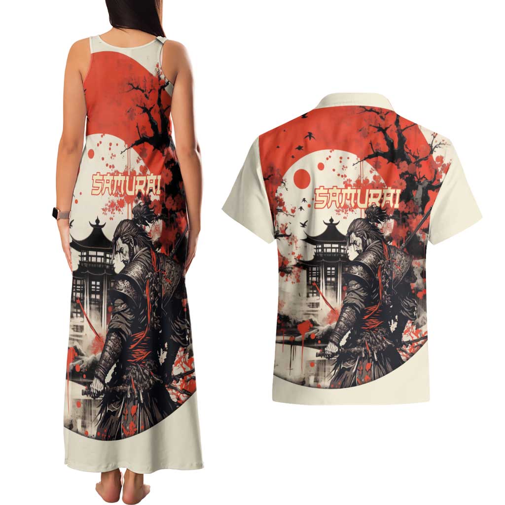 Samurai Warrior Japan Couples Matching Tank Maxi Dress and Hawaiian Shirt Red-blossomed Tree Classic Japanese Stylized - Wonder Print Shop