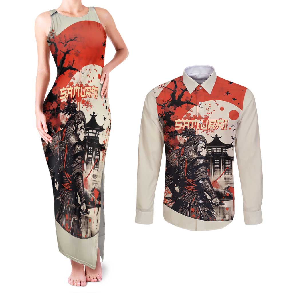 Samurai Warrior Japan Couples Matching Tank Maxi Dress and Long Sleeve Button Shirt Red-blossomed Tree Classic Japanese Stylized - Wonder Print Shop