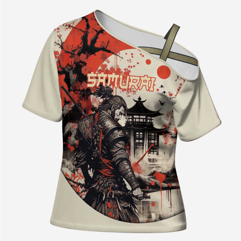 Samurai Warrior Japan Cross Shoulder Shirt Red-blossomed Tree Classic Japanese Stylized - Wonder Print Shop