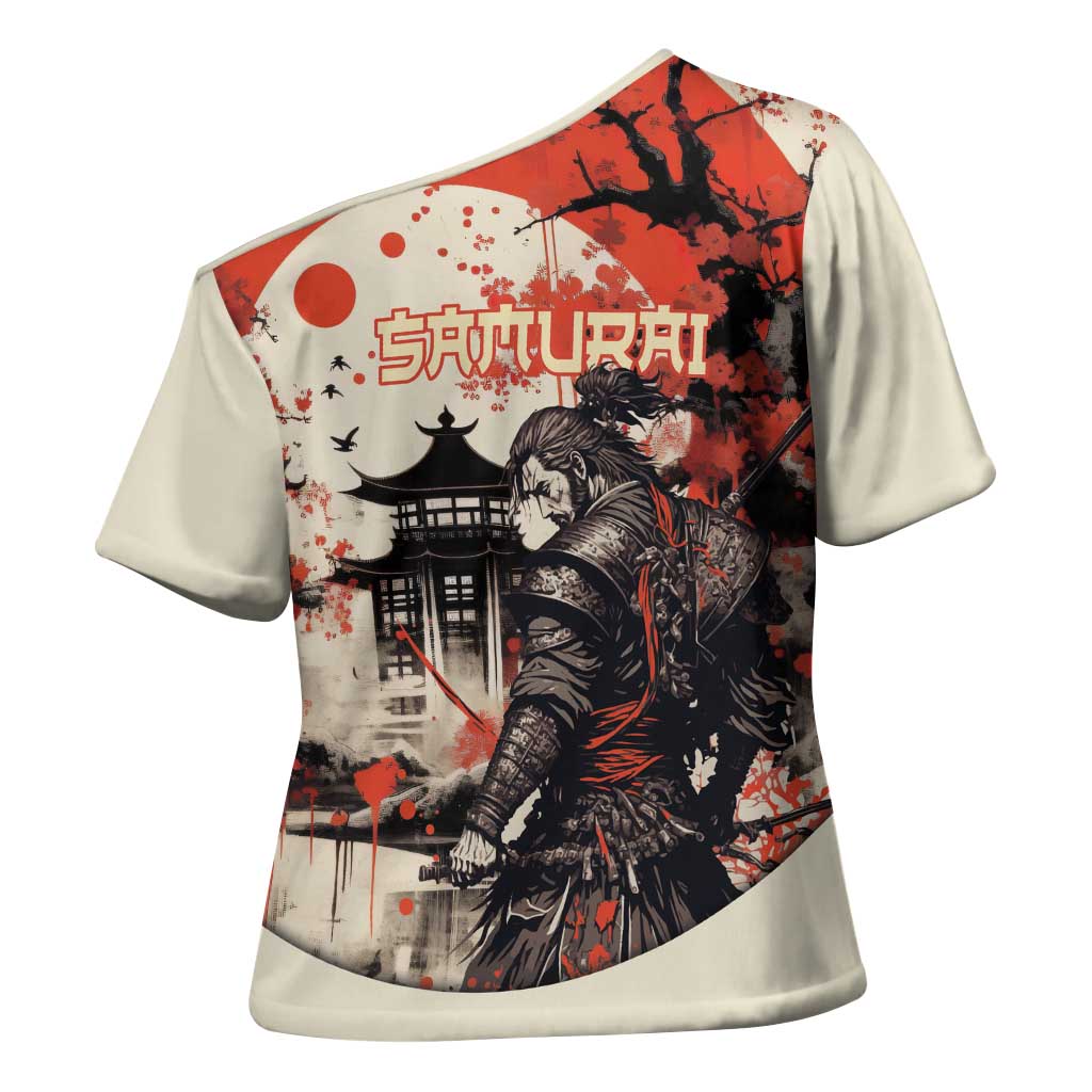 Samurai Warrior Japan Cross Shoulder Shirt Red-blossomed Tree Classic Japanese Stylized - Wonder Print Shop