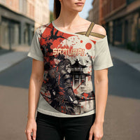Samurai Warrior Japan Cross Shoulder Shirt Red-blossomed Tree Classic Japanese Stylized - Wonder Print Shop