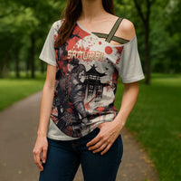 Samurai Warrior Japan Cross Shoulder Shirt Red-blossomed Tree Classic Japanese Stylized - Wonder Print Shop