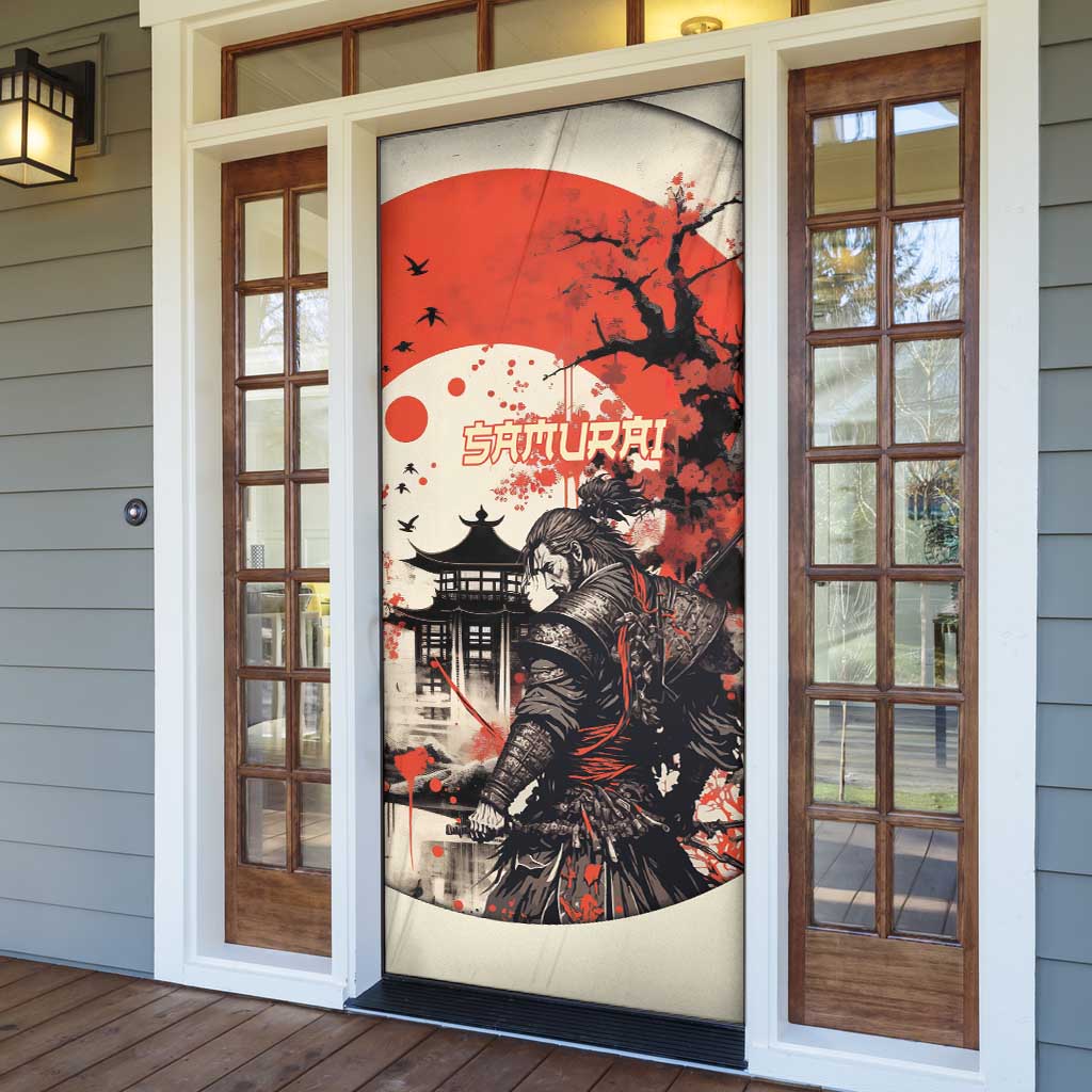 Samurai Warrior Japan Door Cover Red-blossomed Tree Classic Japanese Stylized - Wonder Print Shop