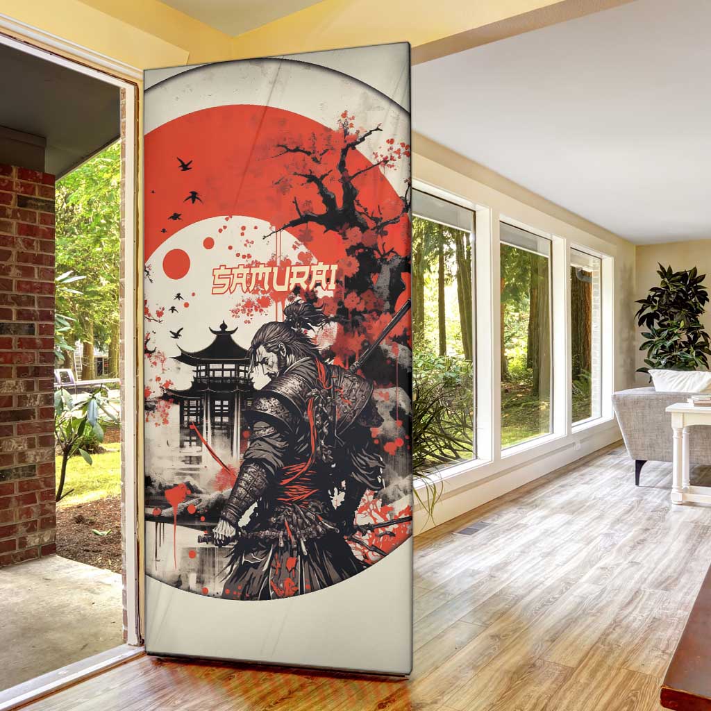 Samurai Warrior Japan Door Cover Red-blossomed Tree Classic Japanese Stylized - Wonder Print Shop