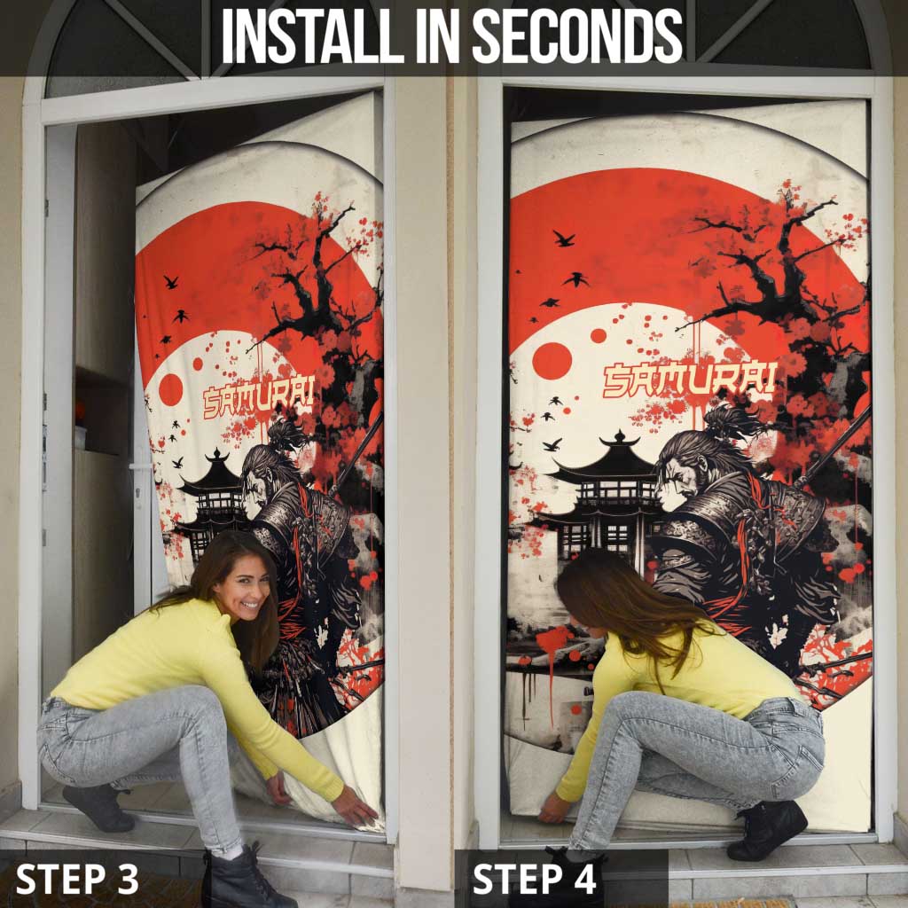 Samurai Warrior Japan Door Cover Red-blossomed Tree Classic Japanese Stylized - Wonder Print Shop