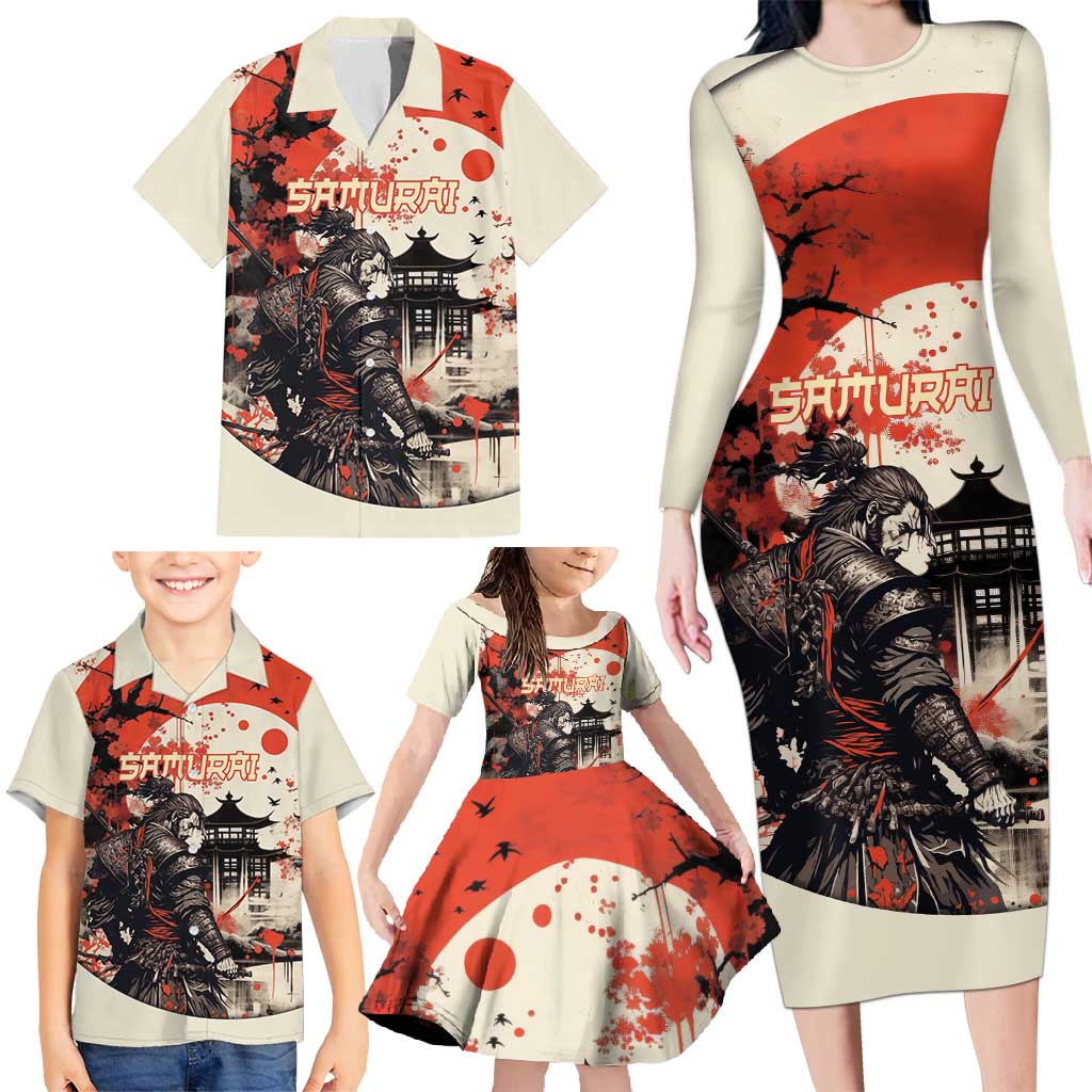 Samurai Warrior Japan Family Matching Long Sleeve Bodycon Dress and Hawaiian Shirt Red-blossomed Tree Classic Japanese Stylized - Wonder Print Shop