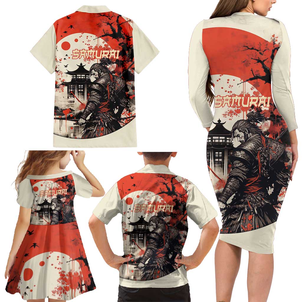 Samurai Warrior Japan Family Matching Long Sleeve Bodycon Dress and Hawaiian Shirt Red-blossomed Tree Classic Japanese Stylized - Wonder Print Shop
