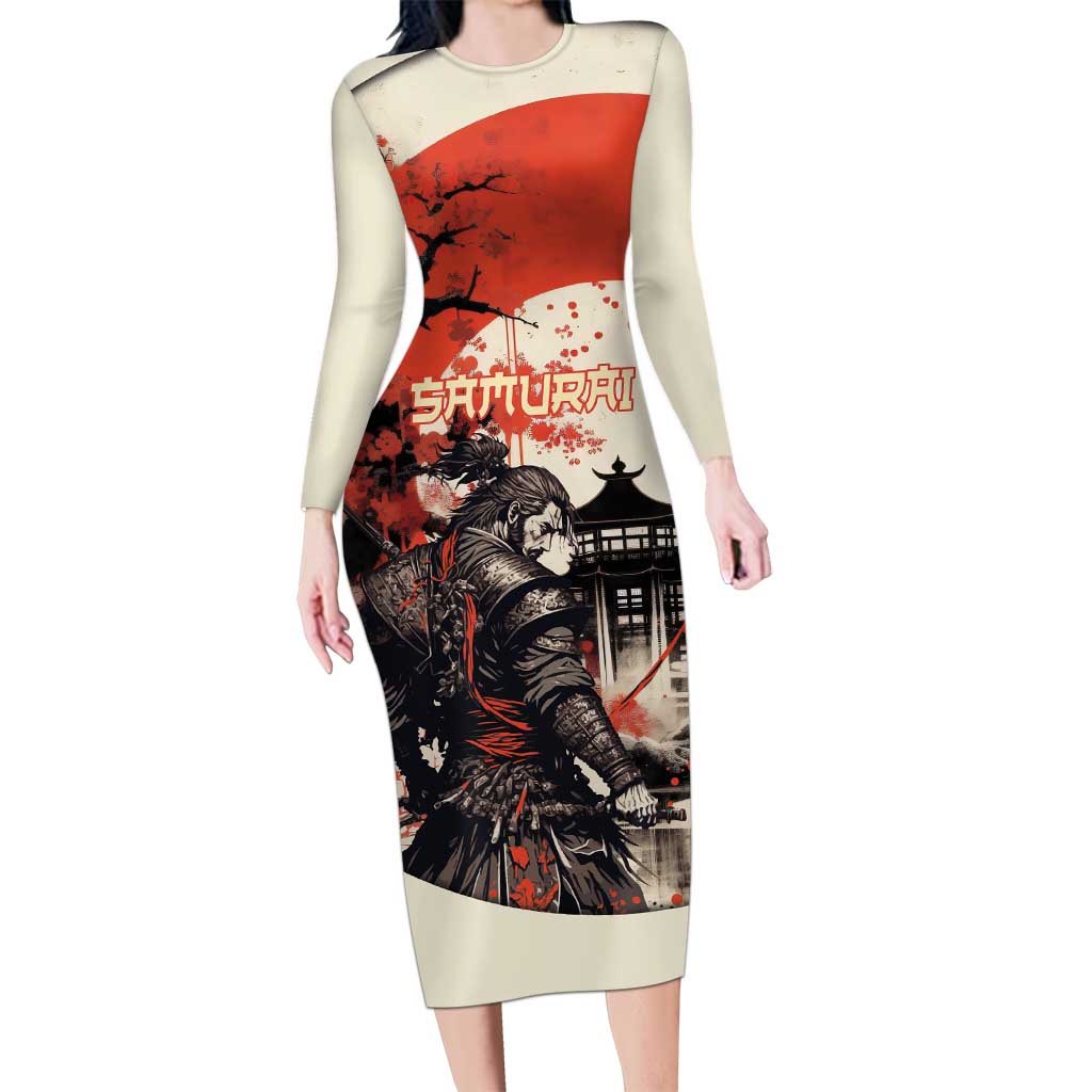 Samurai Warrior Japan Family Matching Long Sleeve Bodycon Dress and Hawaiian Shirt Red-blossomed Tree Classic Japanese Stylized - Wonder Print Shop