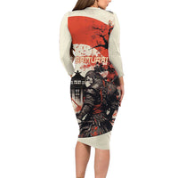 Samurai Warrior Japan Family Matching Long Sleeve Bodycon Dress and Hawaiian Shirt Red-blossomed Tree Classic Japanese Stylized - Wonder Print Shop