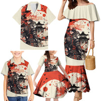 Samurai Warrior Japan Family Matching Mermaid Dress and Hawaiian Shirt Red-blossomed Tree Classic Japanese Stylized - Wonder Print Shop