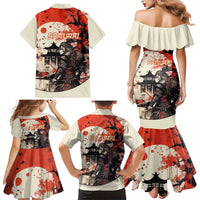 Samurai Warrior Japan Family Matching Mermaid Dress and Hawaiian Shirt Red-blossomed Tree Classic Japanese Stylized - Wonder Print Shop