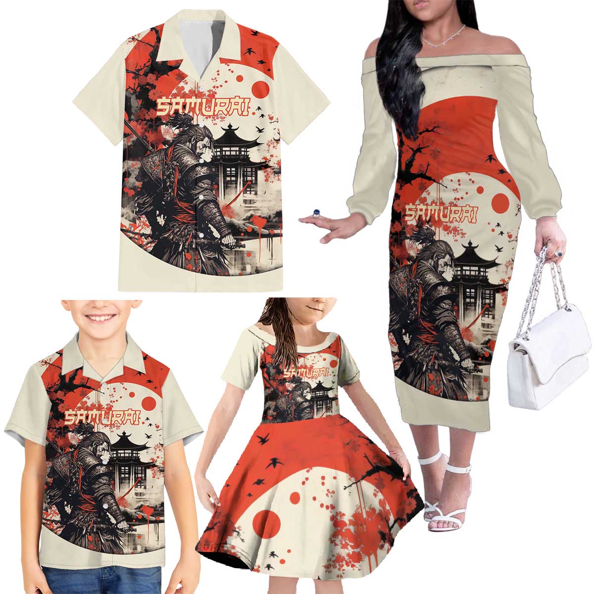 Samurai Warrior Japan Family Matching Off The Shoulder Long Sleeve Dress and Hawaiian Shirt Red-blossomed Tree Classic Japanese Stylized - Wonder Print Shop