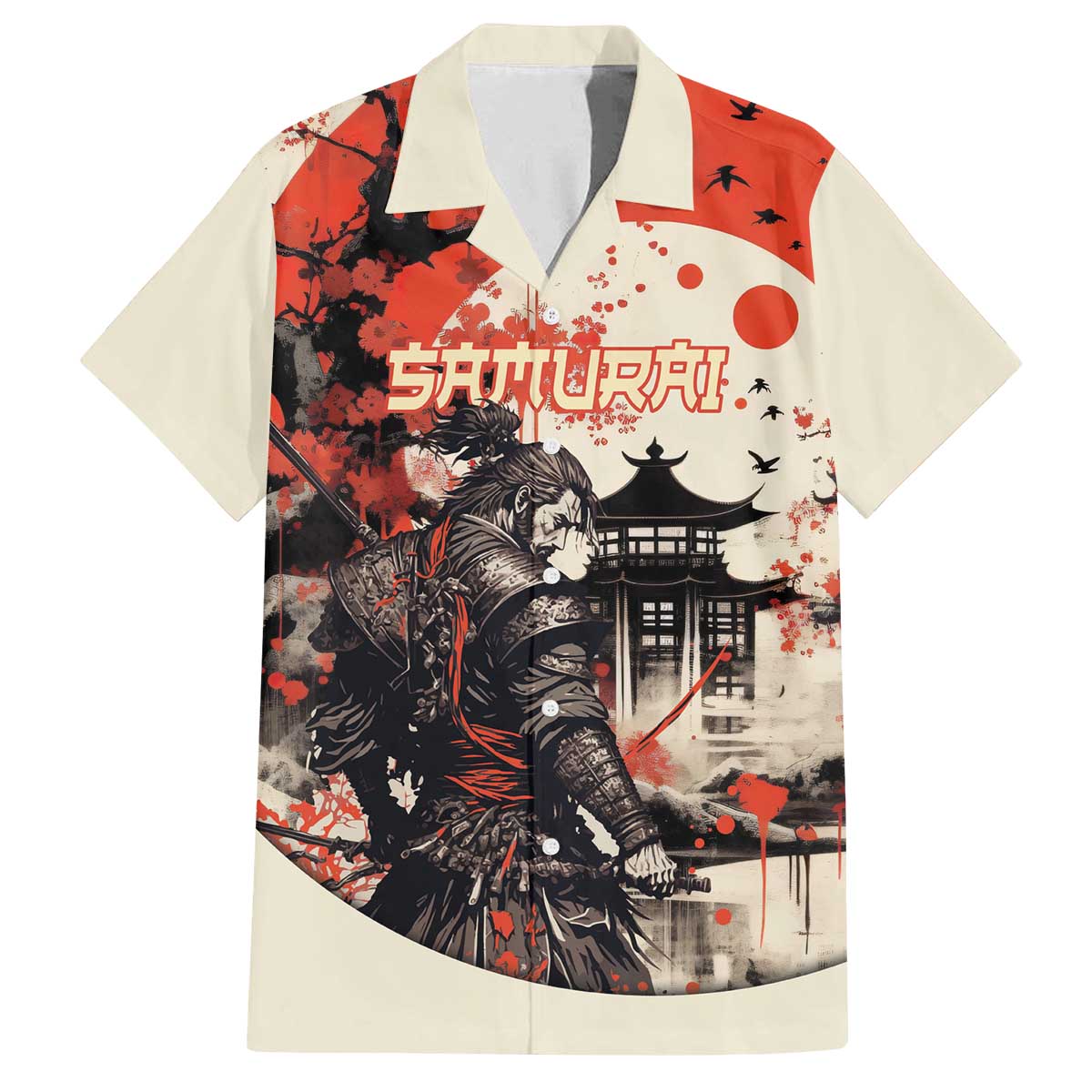 Samurai Warrior Japan Family Matching Off The Shoulder Long Sleeve Dress and Hawaiian Shirt Red-blossomed Tree Classic Japanese Stylized - Wonder Print Shop
