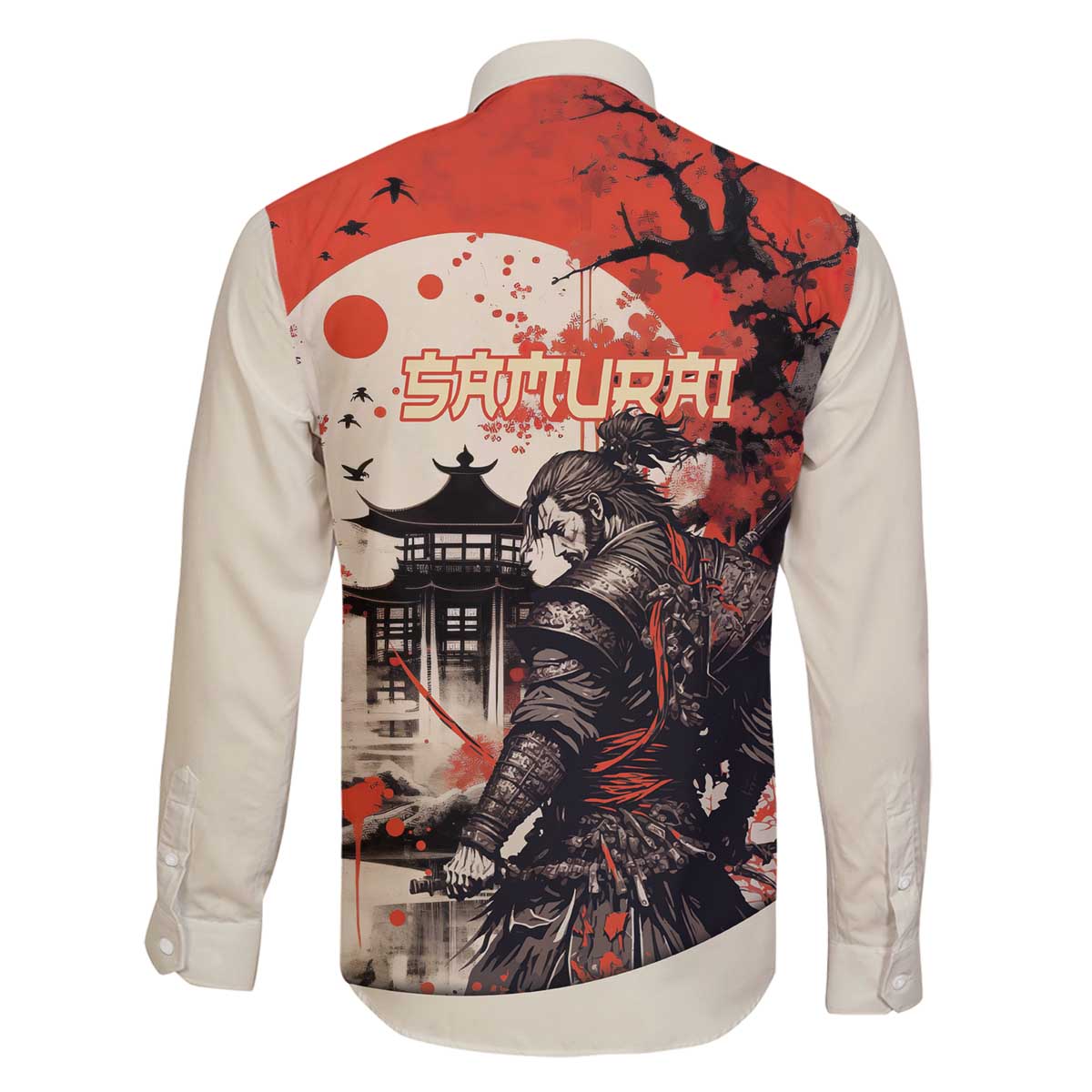 Samurai Warrior Japan Family Matching Off The Shoulder Long Sleeve Dress and Hawaiian Shirt Red-blossomed Tree Classic Japanese Stylized - Wonder Print Shop