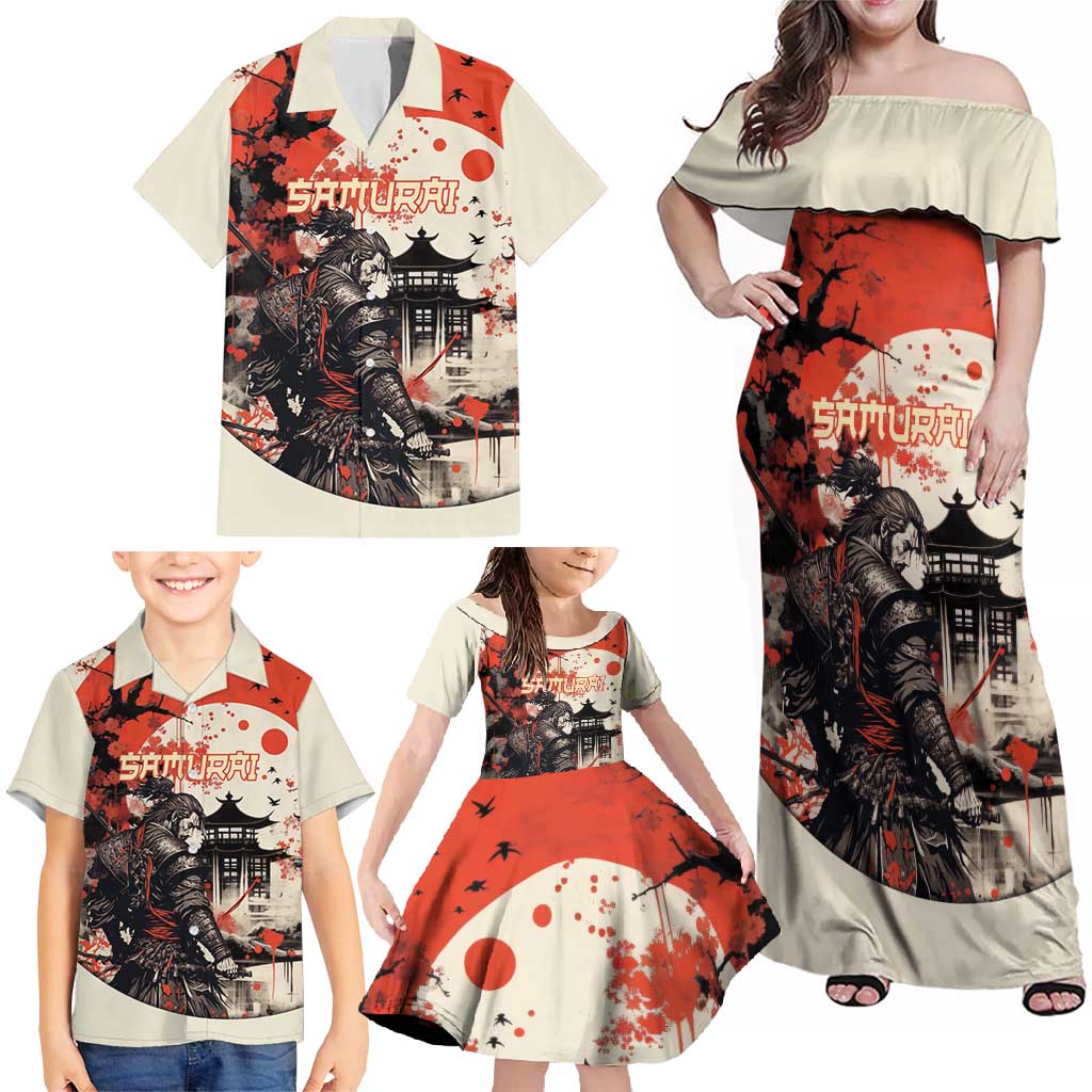 Samurai Warrior Japan Family Matching Off Shoulder Maxi Dress and Hawaiian Shirt Red-blossomed Tree Classic Japanese Stylized - Wonder Print Shop