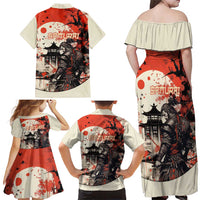 Samurai Warrior Japan Family Matching Off Shoulder Maxi Dress and Hawaiian Shirt Red-blossomed Tree Classic Japanese Stylized - Wonder Print Shop