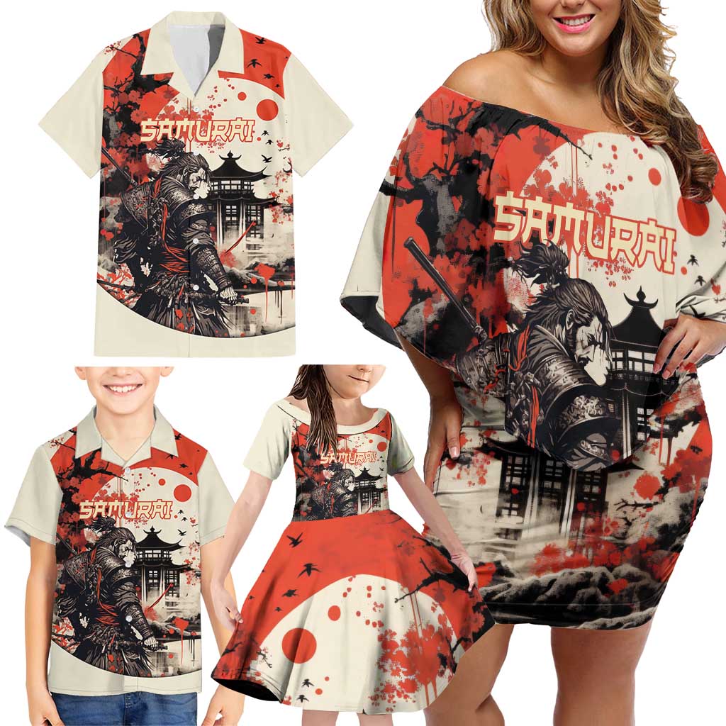 Samurai Warrior Japan Family Matching Off Shoulder Short Dress and Hawaiian Shirt Red-blossomed Tree Classic Japanese Stylized - Wonder Print Shop