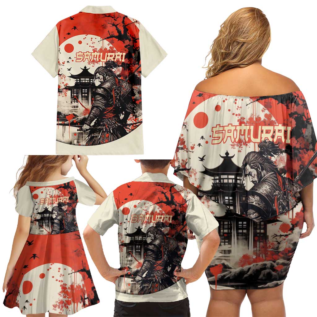 Samurai Warrior Japan Family Matching Off Shoulder Short Dress and Hawaiian Shirt Red-blossomed Tree Classic Japanese Stylized - Wonder Print Shop