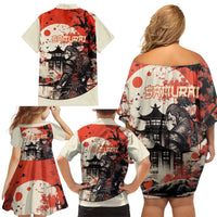 Samurai Warrior Japan Family Matching Off Shoulder Short Dress and Hawaiian Shirt Red-blossomed Tree Classic Japanese Stylized - Wonder Print Shop