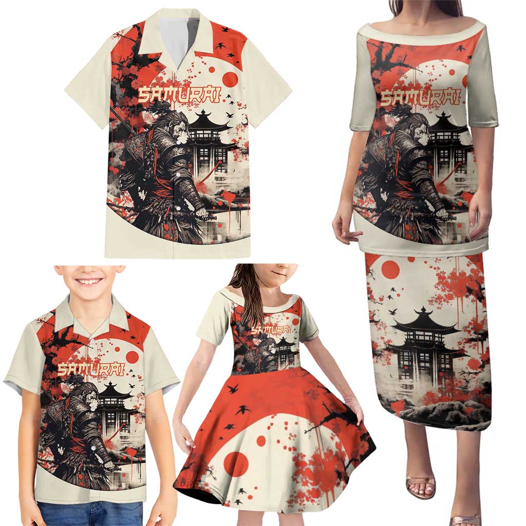 Samurai Warrior Japan Family Matching Puletasi and Hawaiian Shirt Red-blossomed Tree Classic Japanese Stylized - Wonder Print Shop