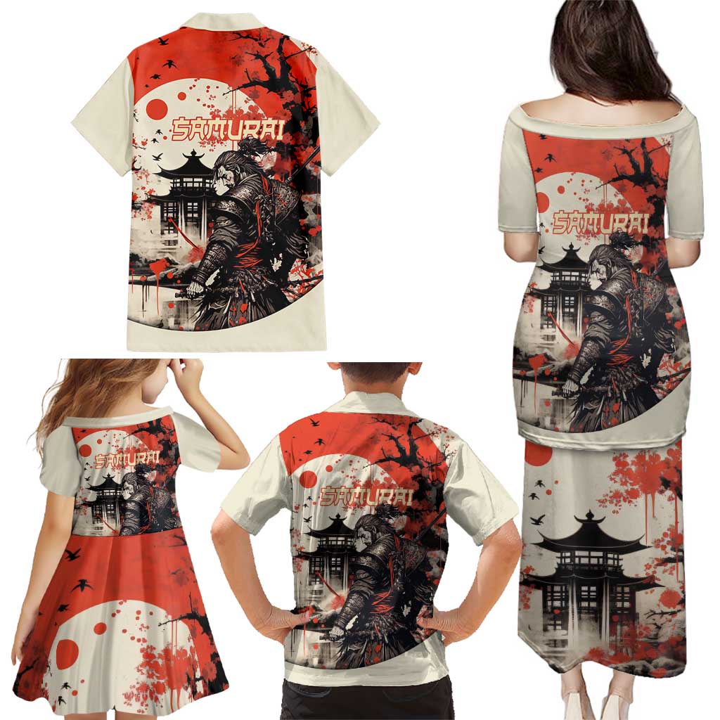 Samurai Warrior Japan Family Matching Puletasi and Hawaiian Shirt Red-blossomed Tree Classic Japanese Stylized - Wonder Print Shop