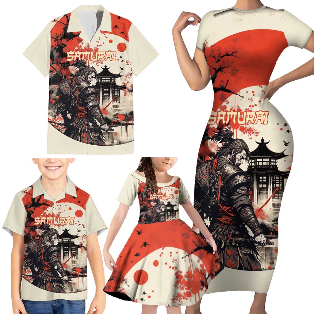 Samurai Warrior Japan Family Matching Short Sleeve Bodycon Dress and Hawaiian Shirt Red-blossomed Tree Classic Japanese Stylized - Wonder Print Shop