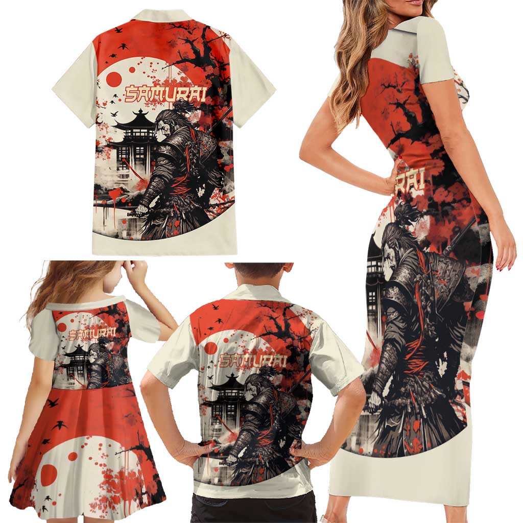 Samurai Warrior Japan Family Matching Short Sleeve Bodycon Dress and Hawaiian Shirt Red-blossomed Tree Classic Japanese Stylized - Wonder Print Shop