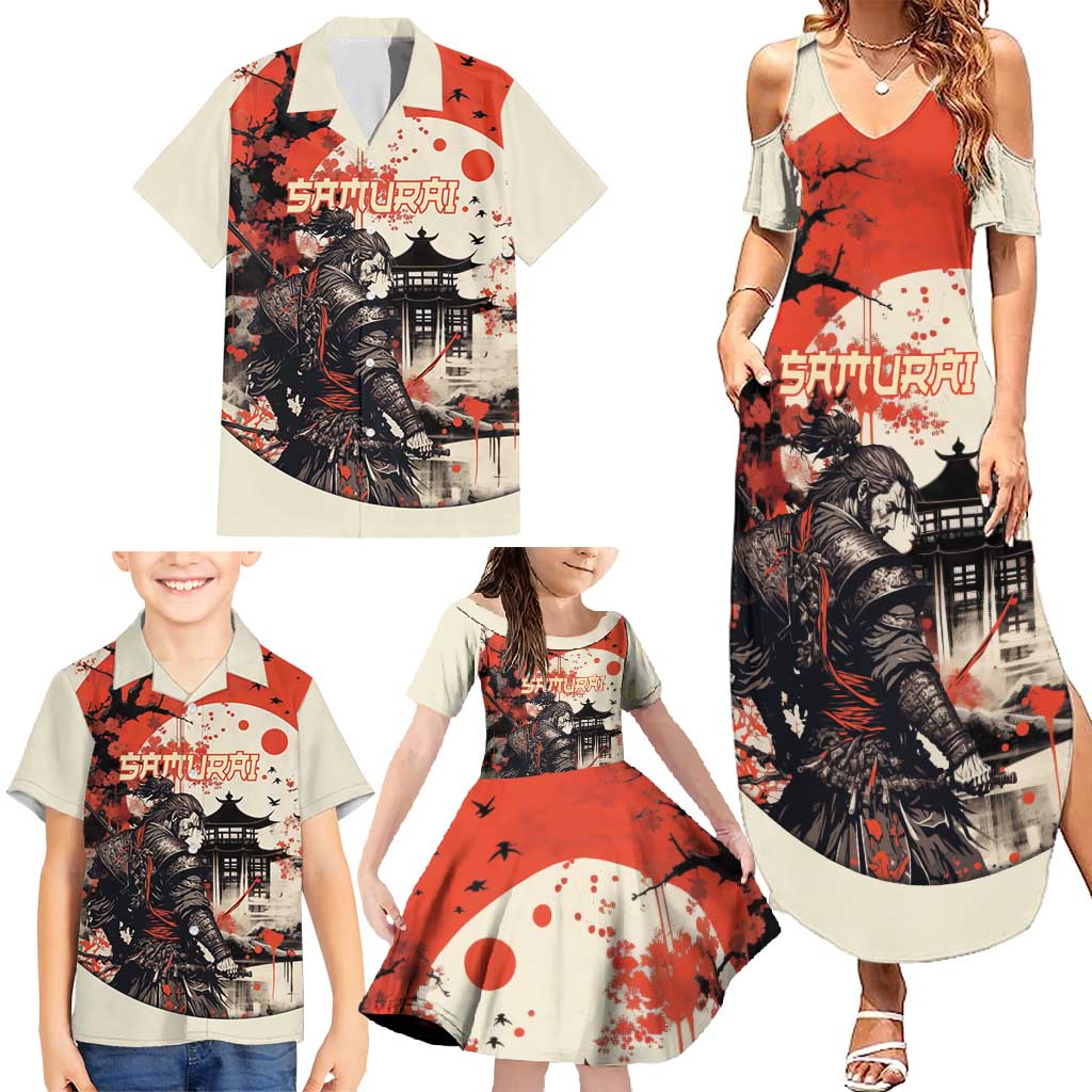 Samurai Warrior Japan Family Matching Summer Maxi Dress and Hawaiian Shirt Red-blossomed Tree Classic Japanese Stylized - Wonder Print Shop