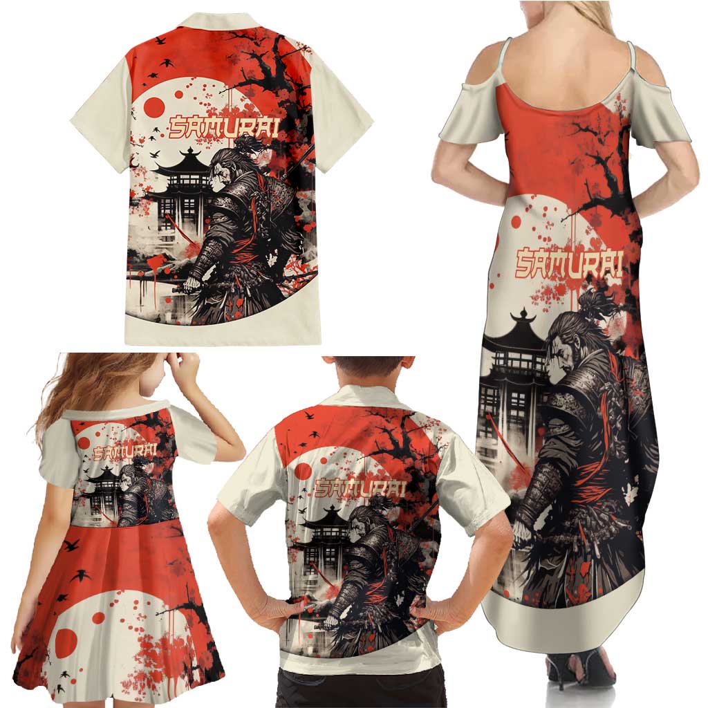 Samurai Warrior Japan Family Matching Summer Maxi Dress and Hawaiian Shirt Red-blossomed Tree Classic Japanese Stylized - Wonder Print Shop