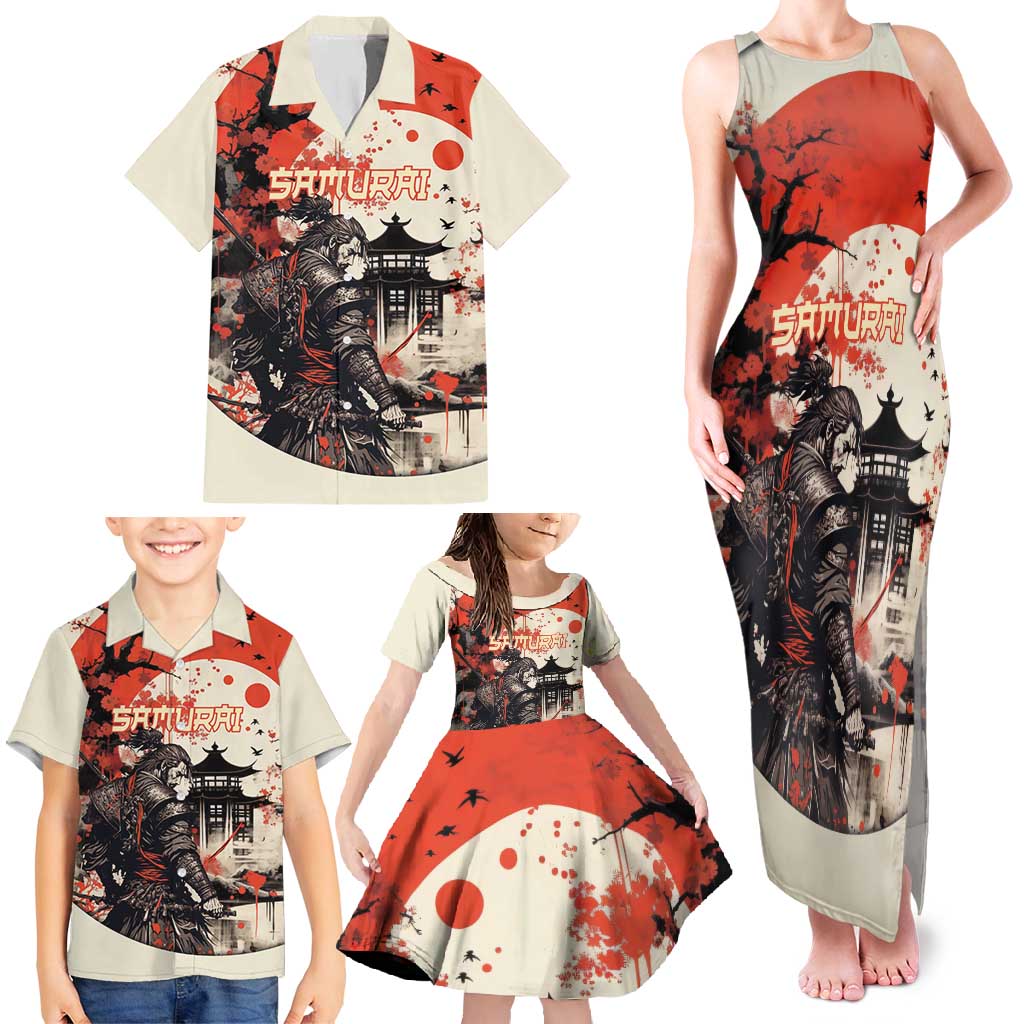 Samurai Warrior Japan Family Matching Tank Maxi Dress and Hawaiian Shirt Red-blossomed Tree Classic Japanese Stylized - Wonder Print Shop