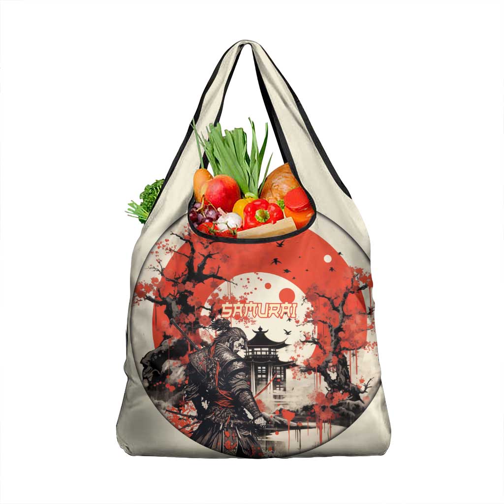 Samurai Warrior Japan Grocery Bag Red-blossomed Tree Classic Japanese Stylized - Wonder Print Shop